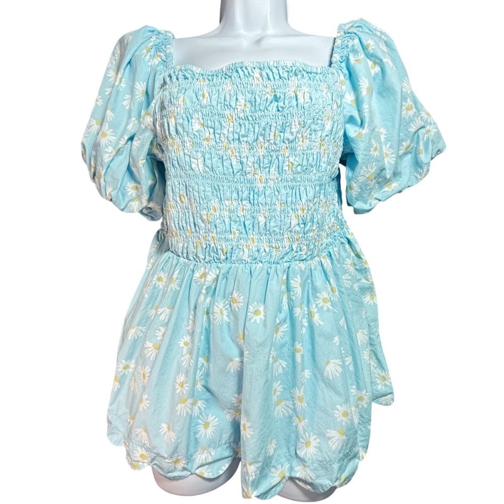 Blue Daisy Floral Smocked Top Puff Sleeve Scallop Hem Large Coquette Cottagecore